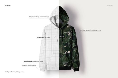 Front view of a Gildan 18500 hoodie mockup, split between a blank grid design and a green tropical leaf pattern.