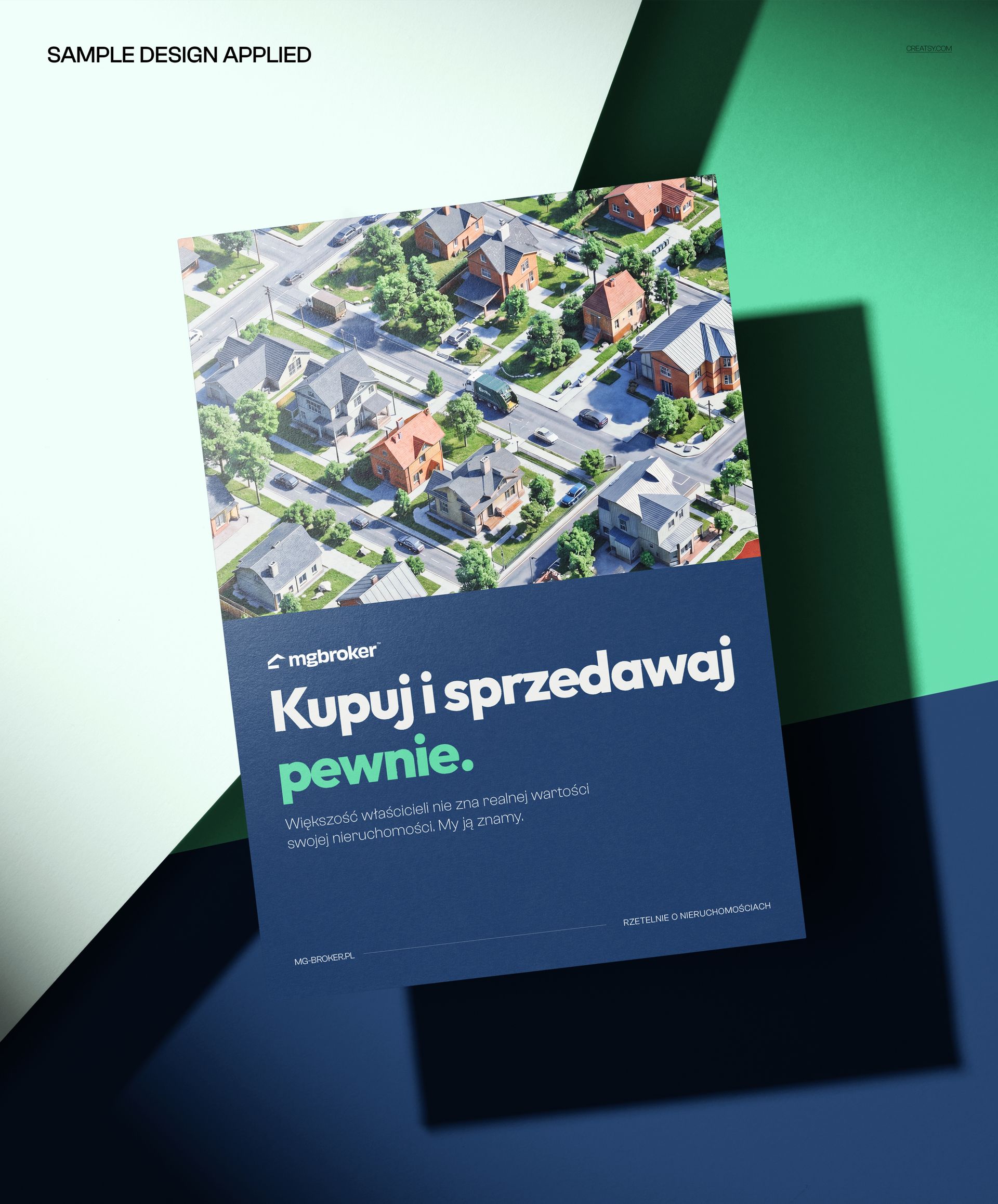 Rectangular flyer mockup floating above a geometric background, featuring an aerial view of houses and streets.