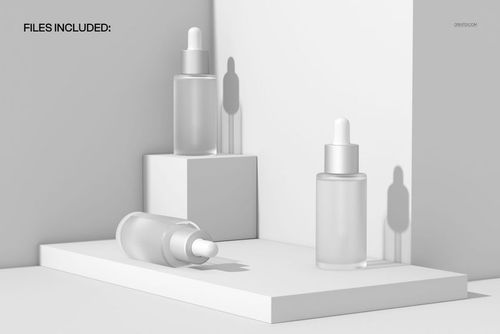 PSD mockup featuring three transparent dropper bottles arranged on white blocks with soft shadows and clean background.