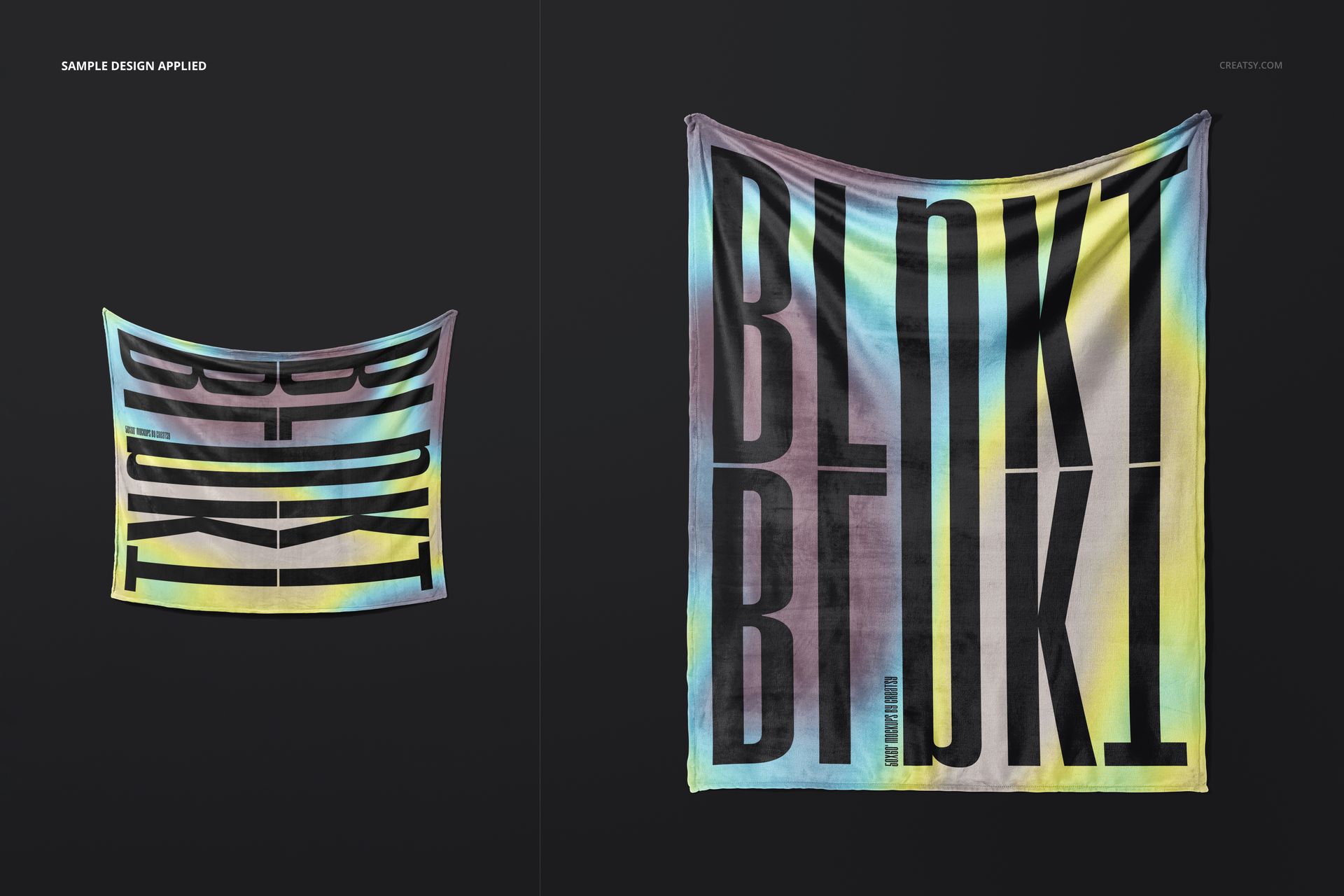 Fleece blanket mockup featuring a square blanket with bold black typography and gradient yellow and blue accents, front view.