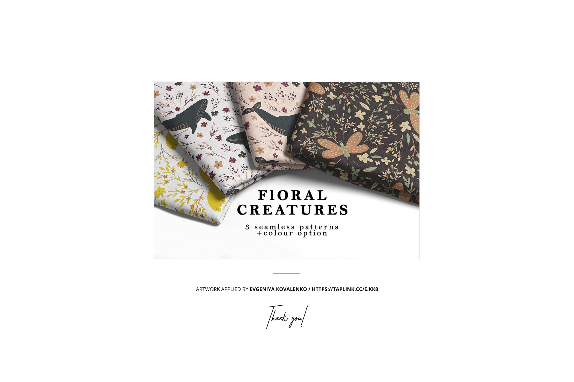 Mockup of muslin onesies with seamless floral and insect motifs, presented in a neat row with multiple color options.