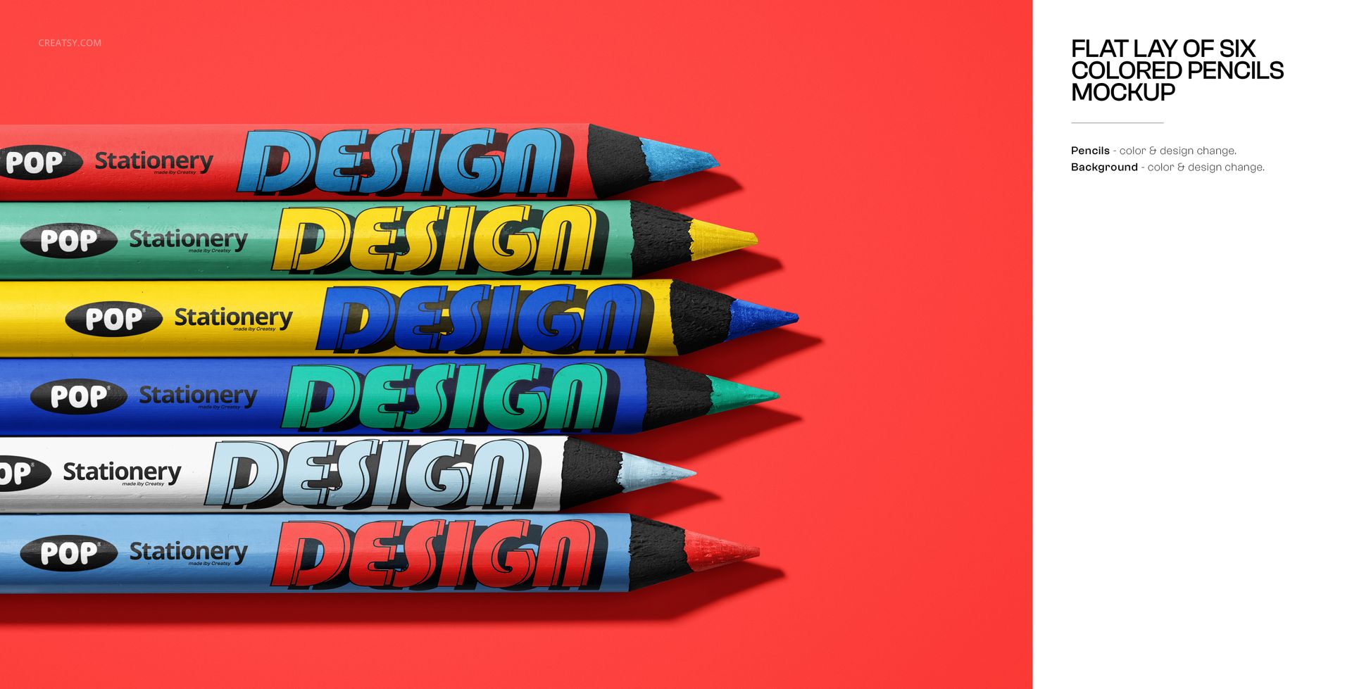 PSD mockup showing six multicolored pencils neatly lined up horizontally against a bold red backdrop.