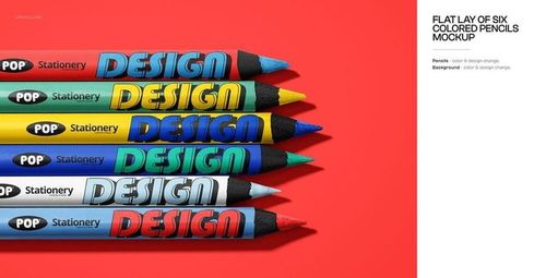PSD mockup showing six multicolored pencils neatly lined up horizontally against a bold red backdrop.