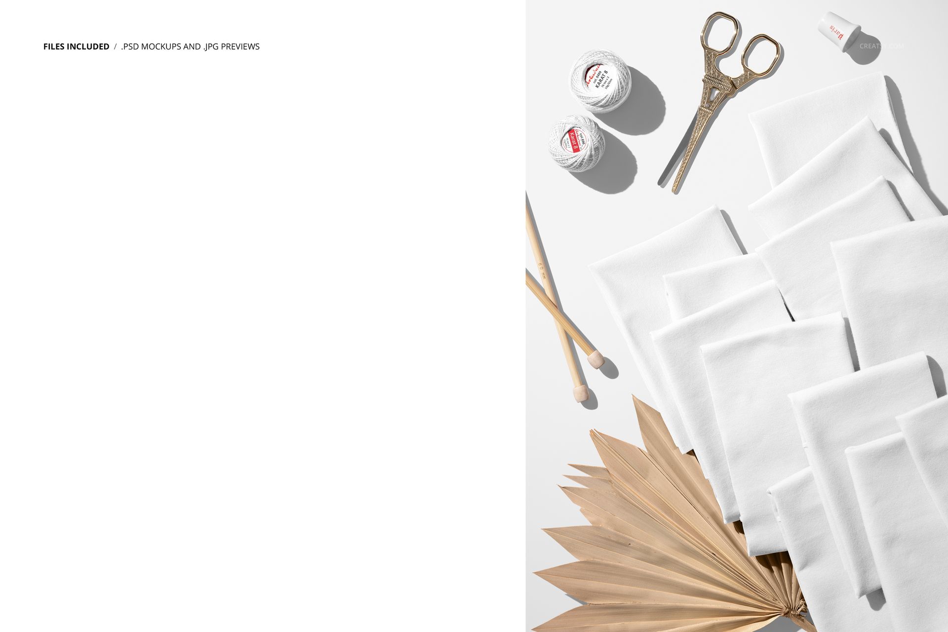 PSD mockup featuring white jersey fabric pieces, crochet threads, scissors, and a dried palm leaf arranged in a creative scene.