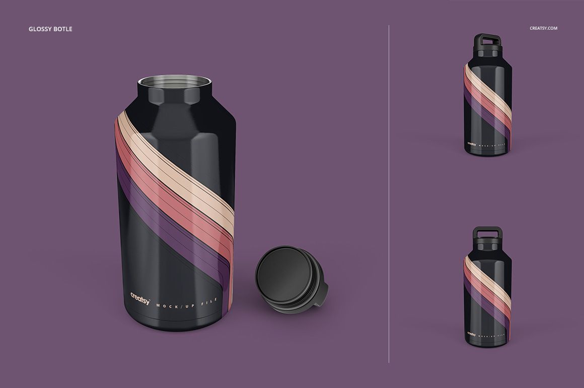 Large insulated tumbler mockup with glossy finish, shown with lid off and abstract stripe pattern on the side.