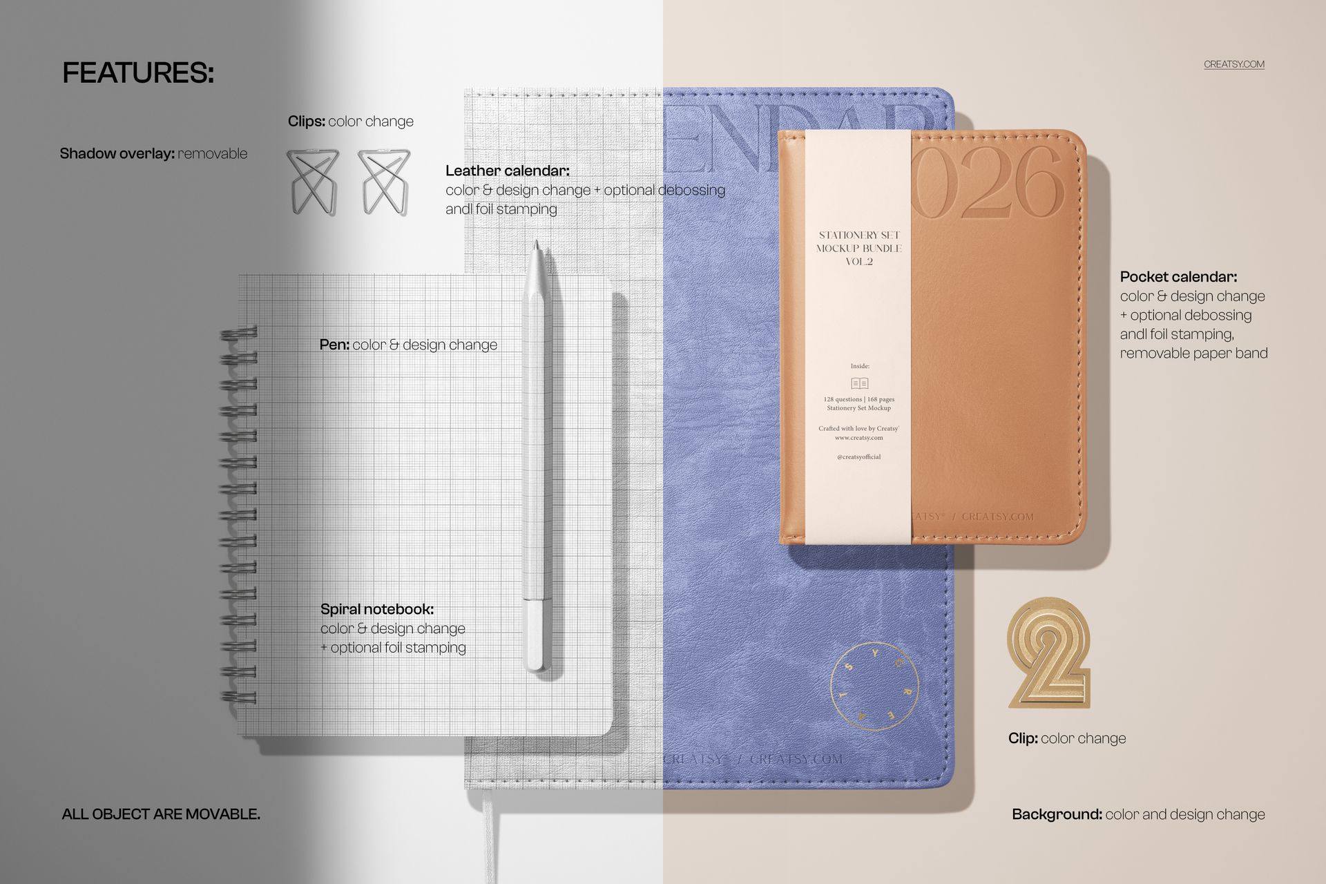 Stationery set mockup featuring a spiral notebook, pen, leather calendar, and pocket calendar on a split background.