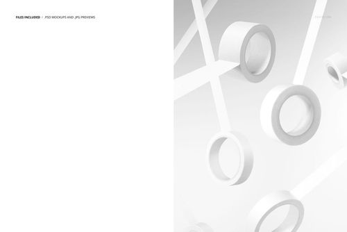 PSD mockup featuring flying packaging tape rolls, arranged diagonally on a minimalist light background.