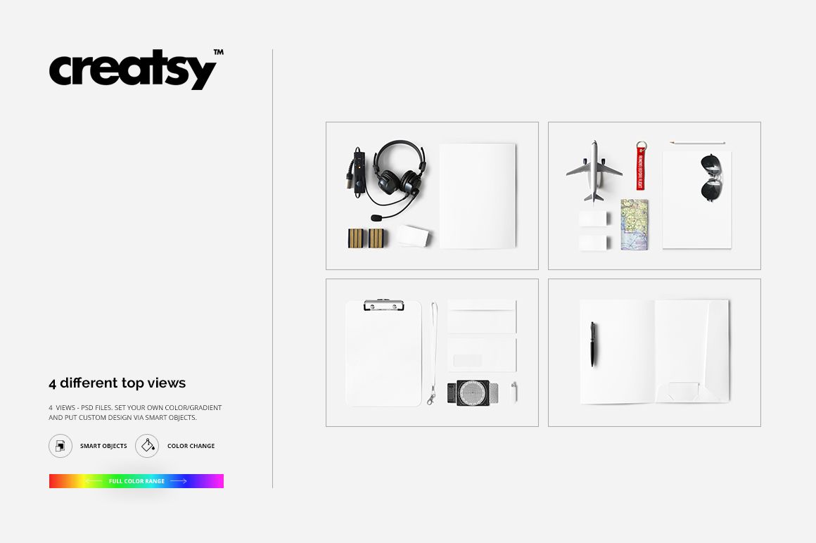 Top view of airline company stationery mockup with business cards, letterhead, clipboard, pen, headset, and travel props on white background.