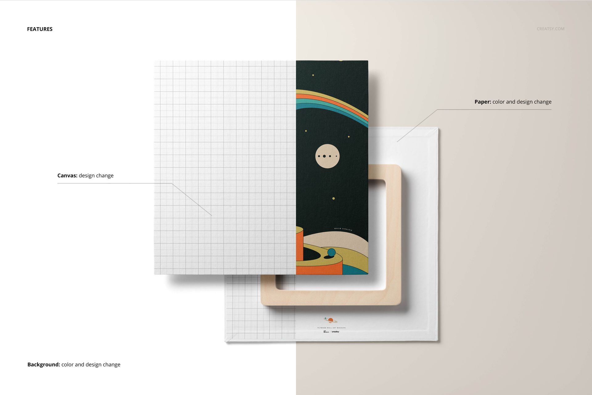 Canvas wall art mockup showing a split design with grid pattern, abstract artwork, and exposed wooden frame, front view.