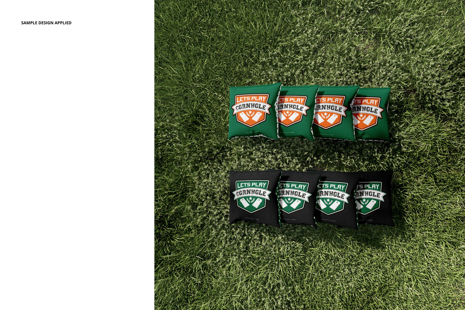 Cornhole board game bags mockup set displayed outdoors on green grass, showing two distinct color patterns.