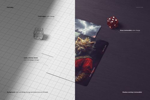 Top view of trading cards mockup set with two cards featuring fantasy artwork, a red dice, and grid background.