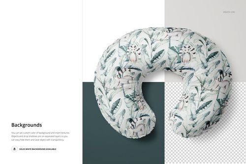 Nursing pillow mockup shown from above, featuring leafy and floral prints on a split white and green backdrop.