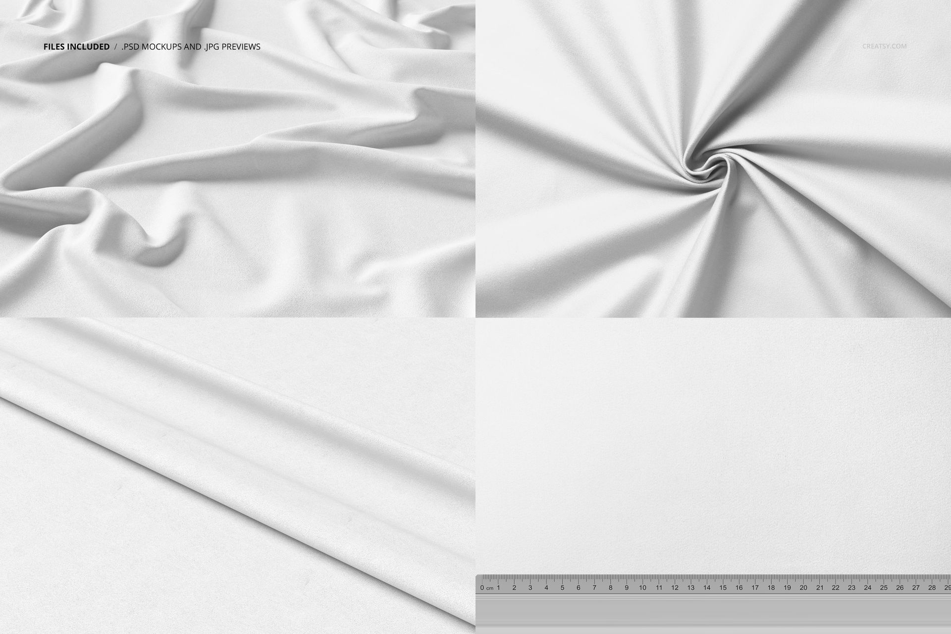 Curtains fabric mockup set showing four views of white textile, including draped, twisted, flat, and measured sections.
