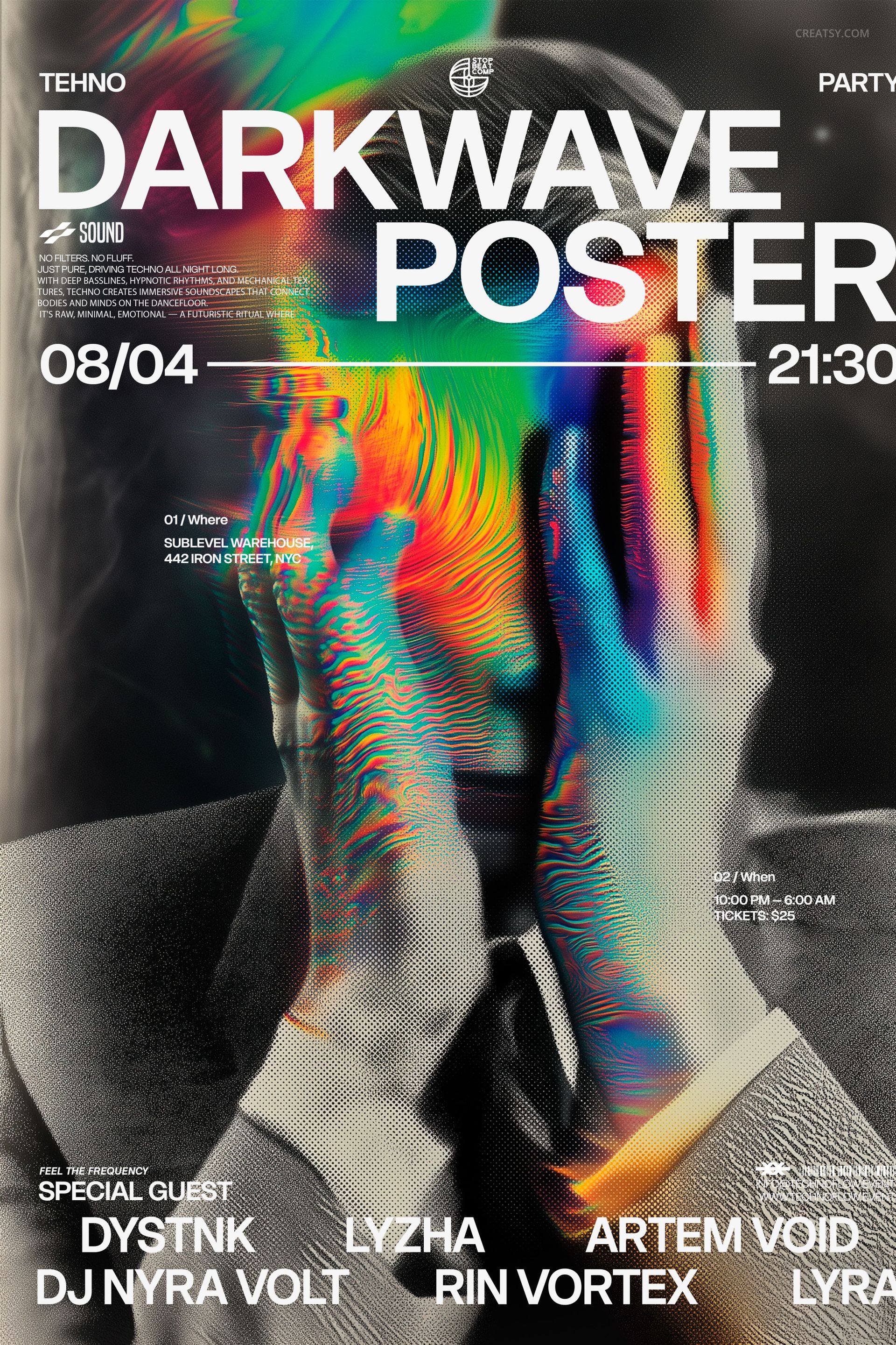 Front view of a poster mockup featuring a grayscale portrait with vibrant rainbow distortion and bold text overlays.
