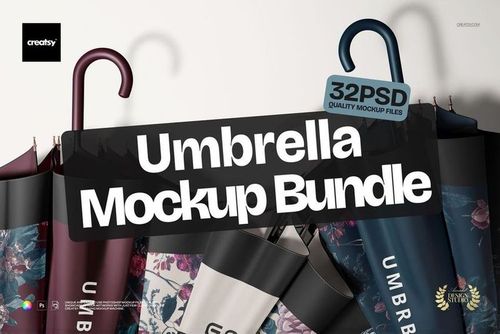 Umbrella mockup bundle showing multiple umbrellas in floral and plain designs, arranged upright with visible handles.