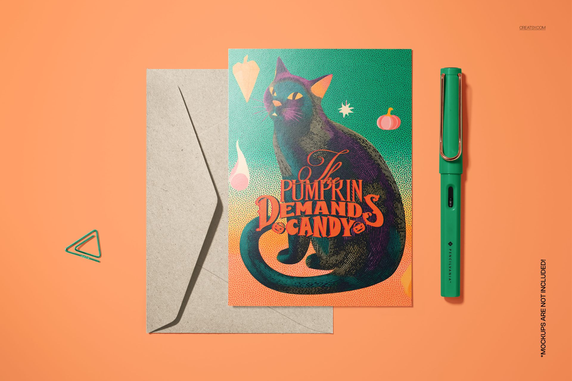 Front view of a Halloween card mockup featuring a black cat illustration with pumpkins and orange text on a green background.
