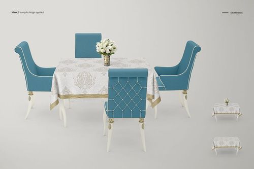 Elegant tablecloth mockup featuring a decorative pattern on a table set with blue upholstered chairs and a flower vase.