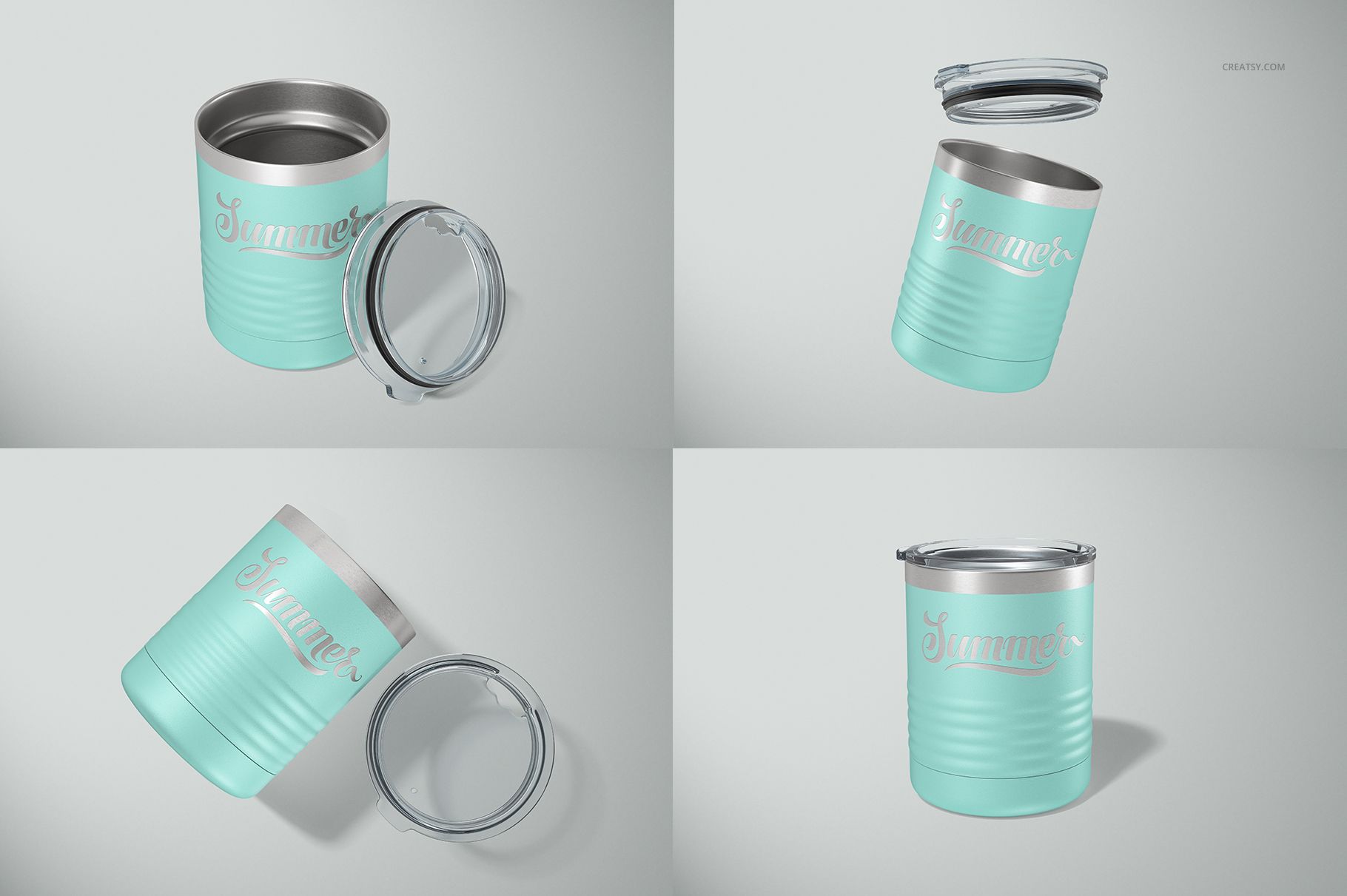 Four views of a 10 oz ringneck tumbler mockup in light turquoise with silver accents and clear lid on a neutral background.