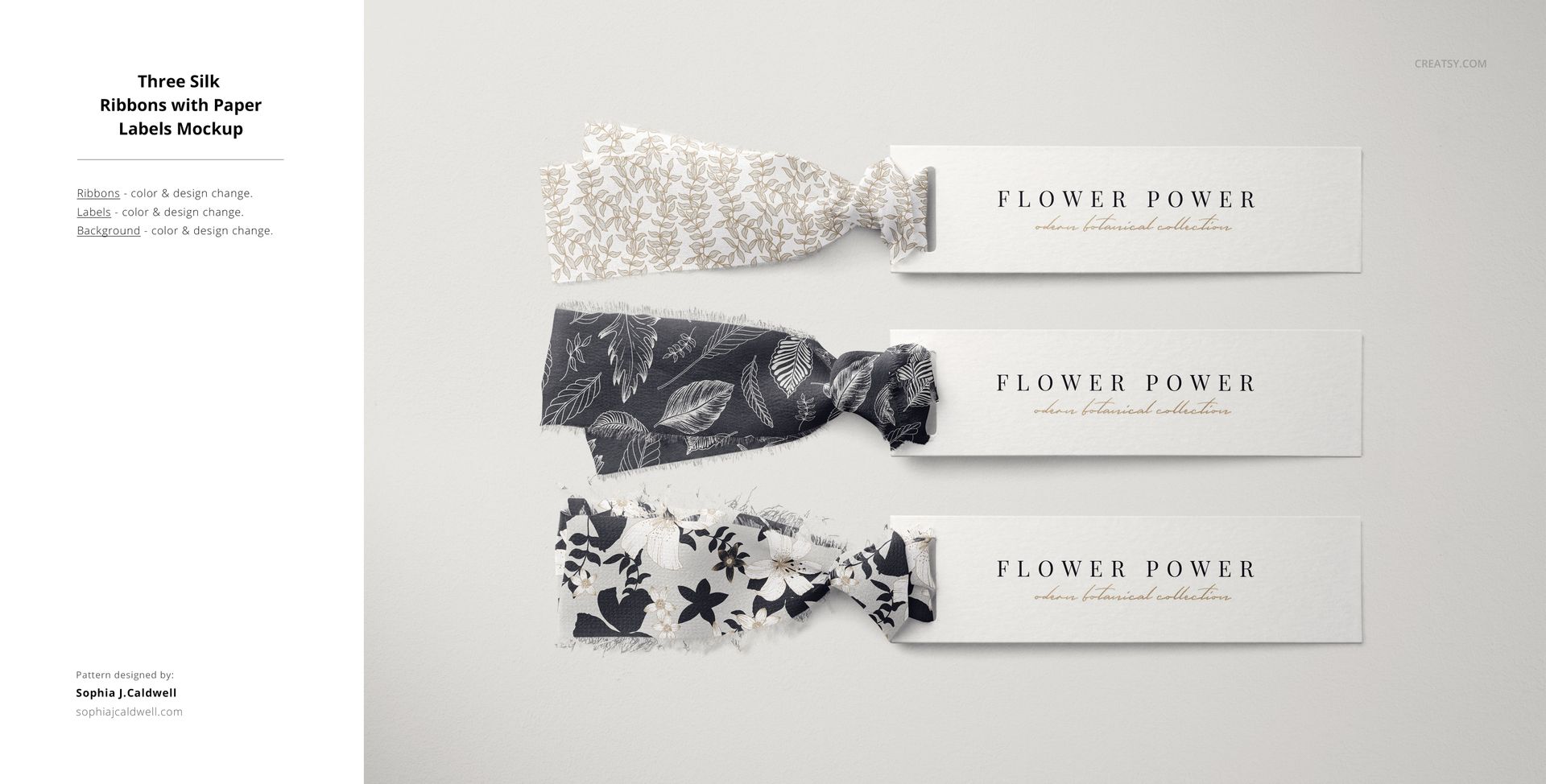 Mockup featuring three fabric pieces with botanical designs, each tied to a white rectangular label on a flat surface.