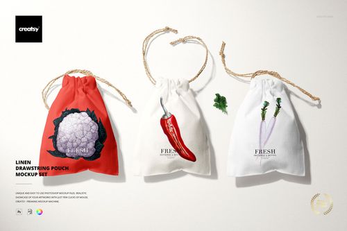 Front view of linen drawstring pouch mockup set featuring red and white bags with vegetable prints and natural cords.