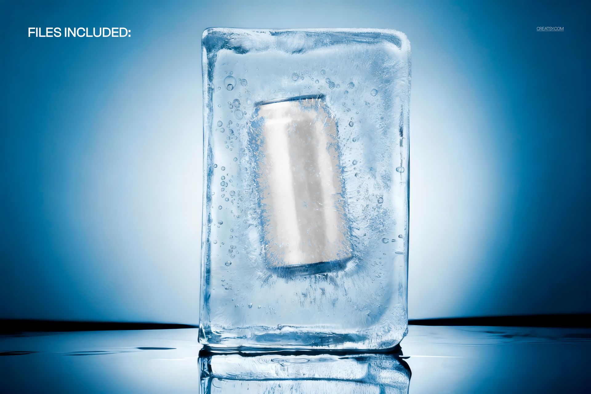 Front view of a beverage can trapped in ice, highlighting the frosty texture and mockup presentation.