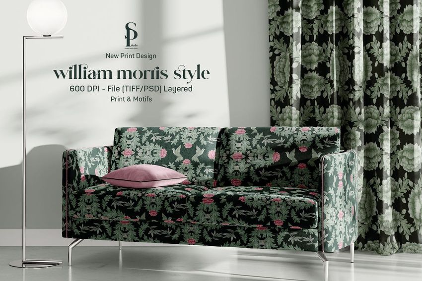 Living room mockup scene with a floral patterned sofa and matching curtains in green and pink, white walls, and a modern floor lamp.