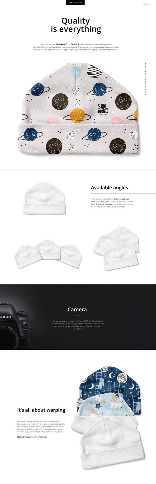 Baby beanie hat mockup featuring a front view of a white hat with a colorful space-themed pattern of planets and stars.