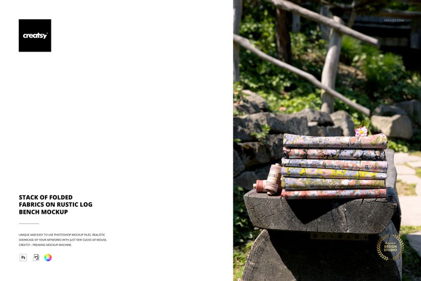 Stack of Folded Fabrics on Rustic Log Bench Mockup - mockup screenshot 1
