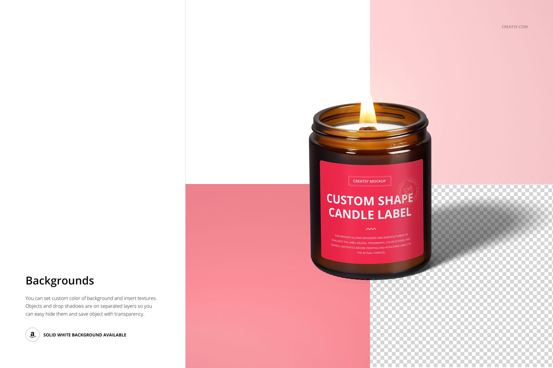 PSD mockup of a burning amber jar candle with a custom label, displayed on a pink and white geometric surface.