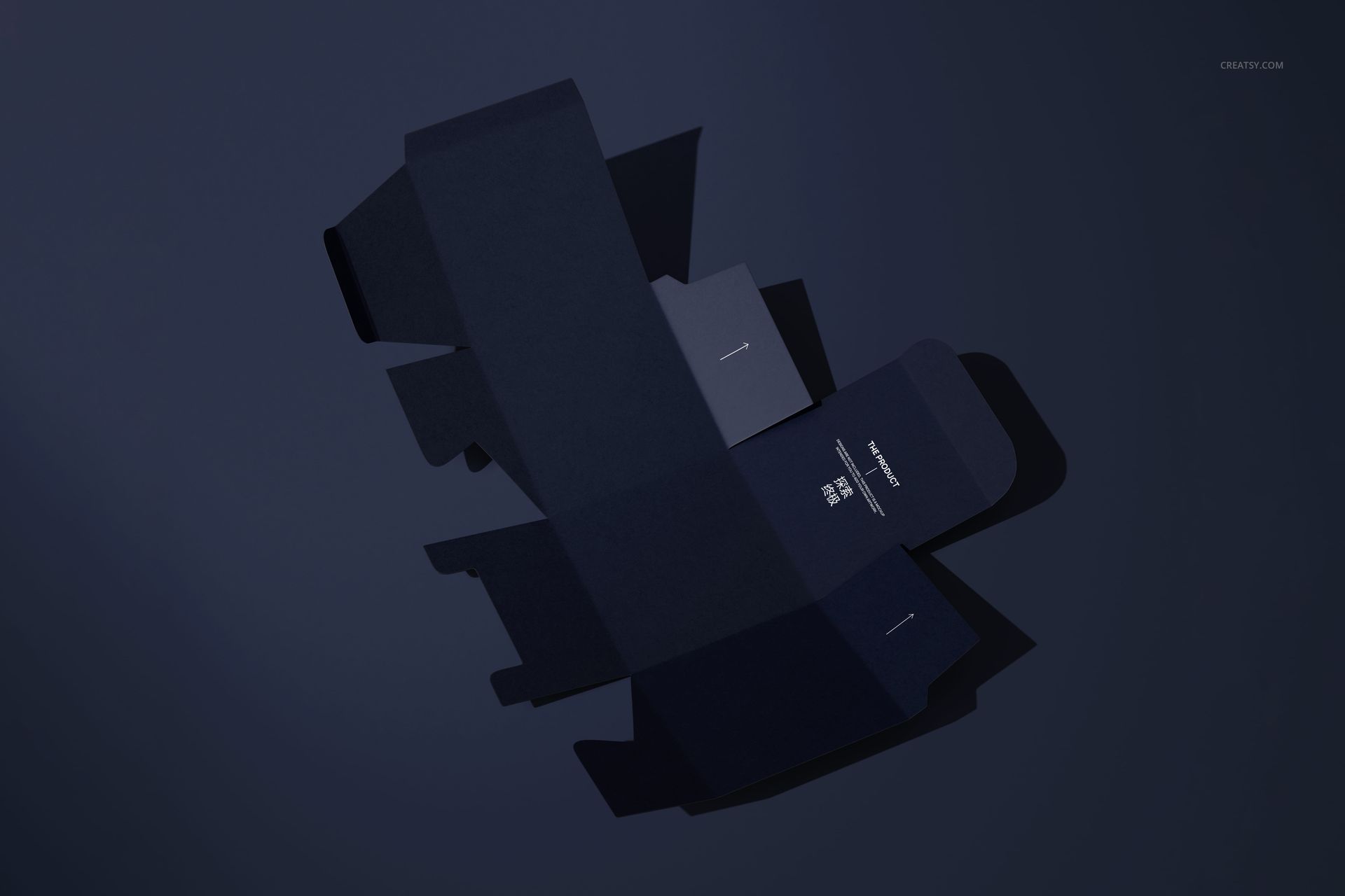 Square box packaging mockup in dark colors, shown from a top view with unfolded box and visible crease lines.