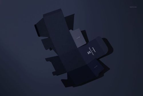 Square box packaging mockup in dark colors, shown from a top view with unfolded box and visible crease lines.