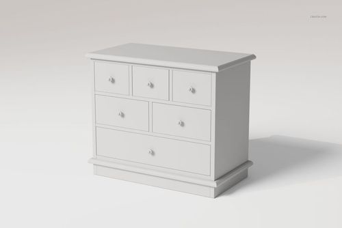 White decorative chest of drawers with seven knobs, shown from a front angle on a plain light background.