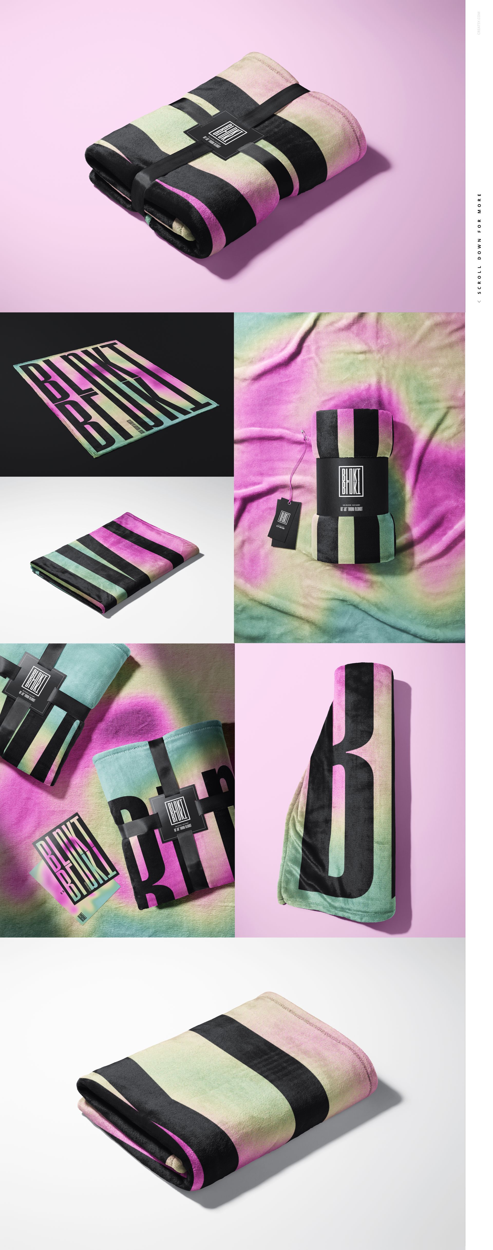 Fleece blanket mockup bundle featuring various arrangements, including rolled, folded, and spread out views on colored backgrounds.