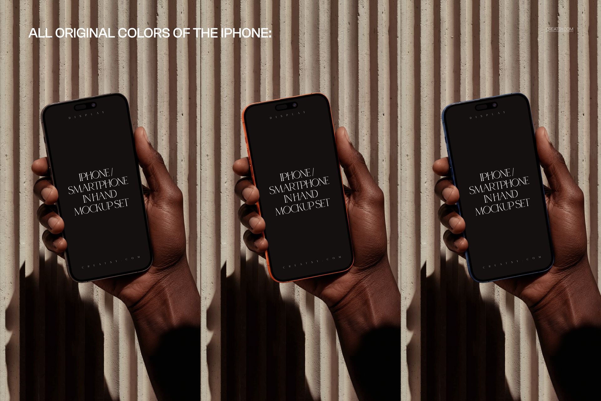 Three iPhones held in hand are shown against a ribbed concrete wall, each displaying a mockup screen in different colors.