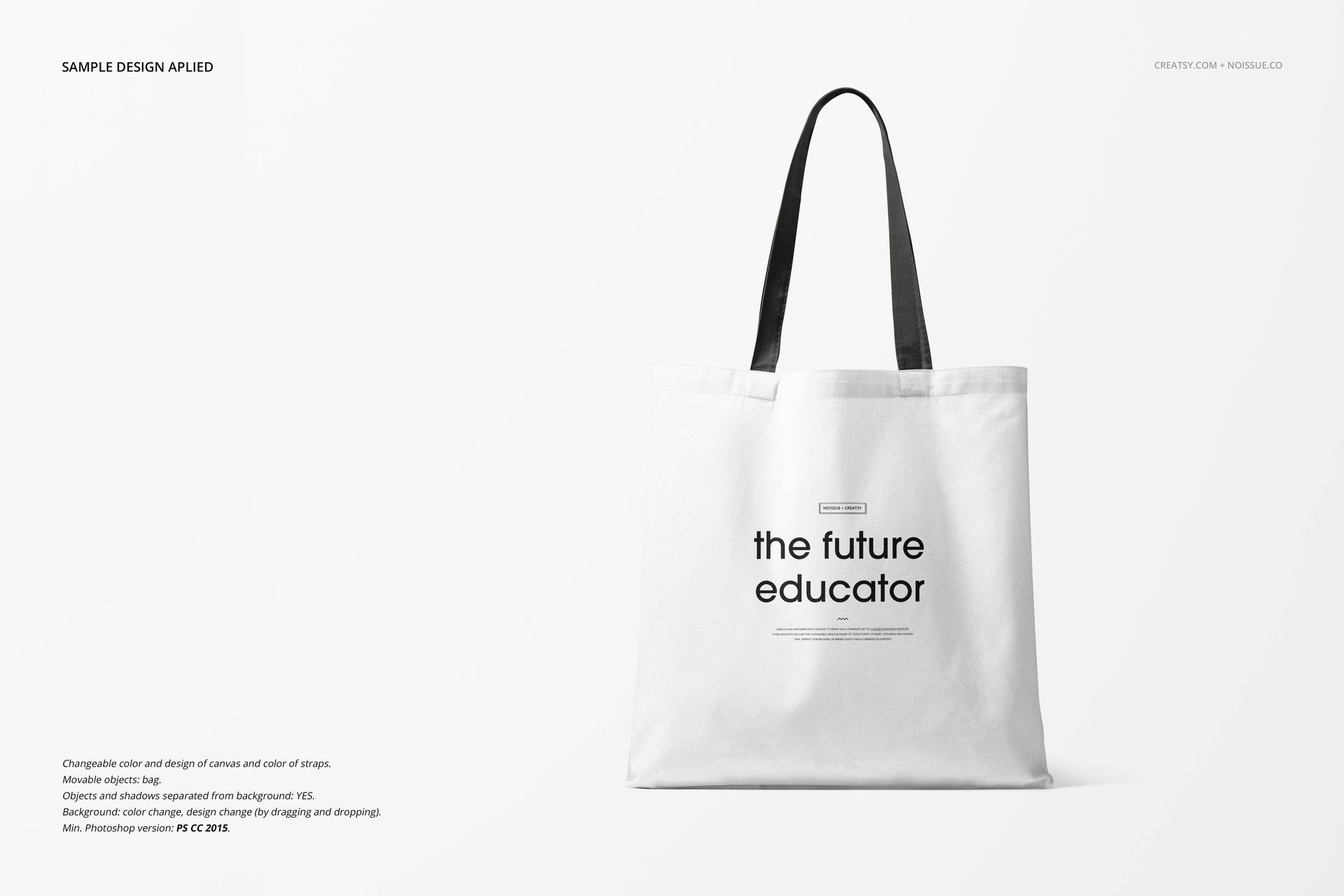 Minimalist tote bag mockup with black straps and simple text design, displayed against a clean white backdrop.