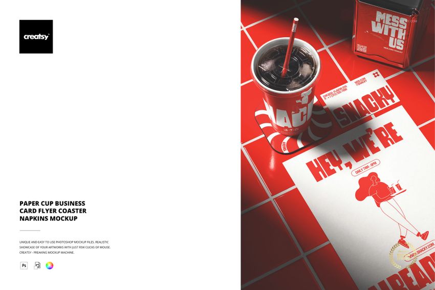 PSD mockup featuring a paper cup, flyer, coaster, napkins, and business card arranged on a red checkered table.