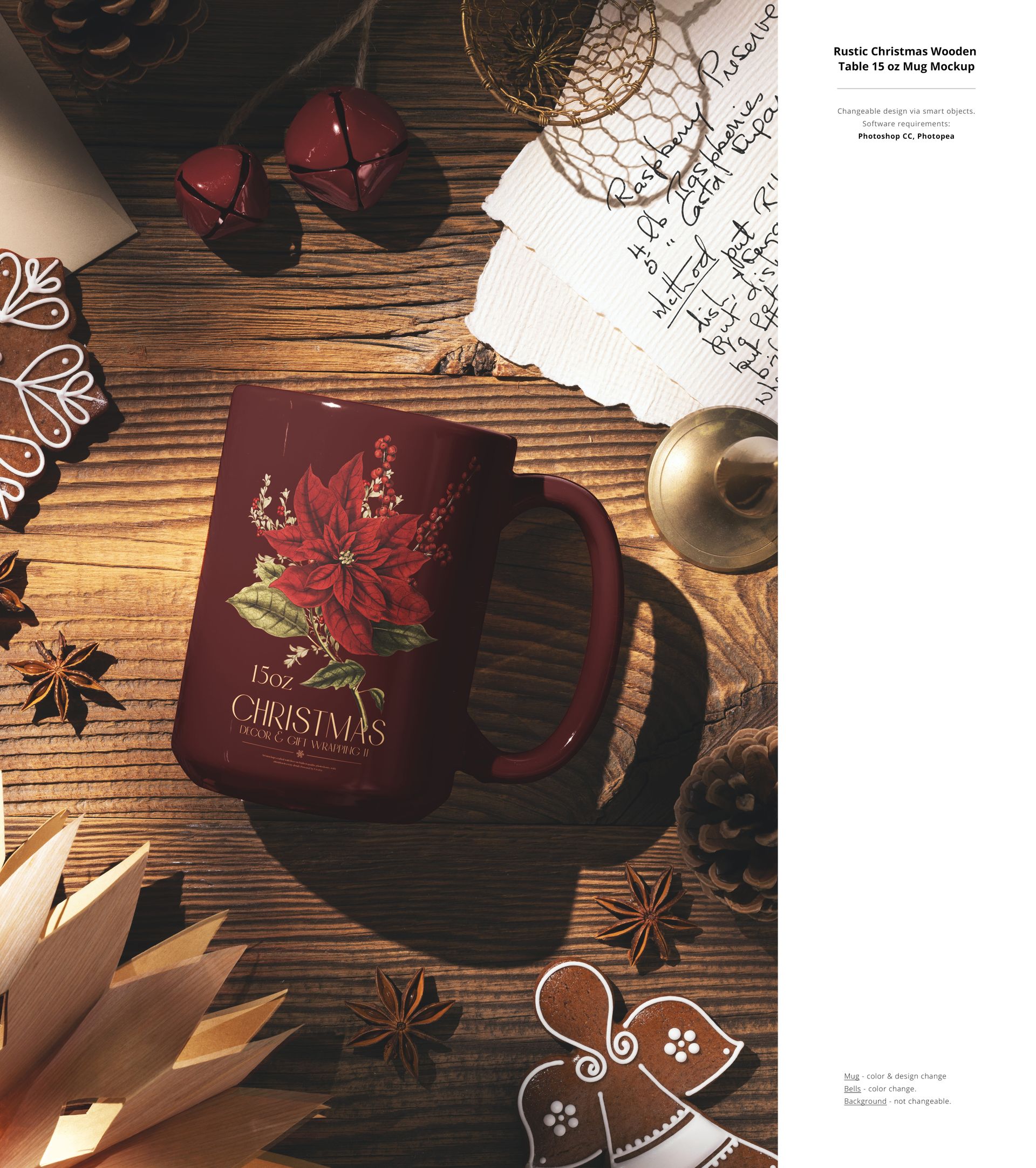 PSD mockup showing a holiday-themed mug with floral artwork, set with seasonal props like gingerbread and twine.