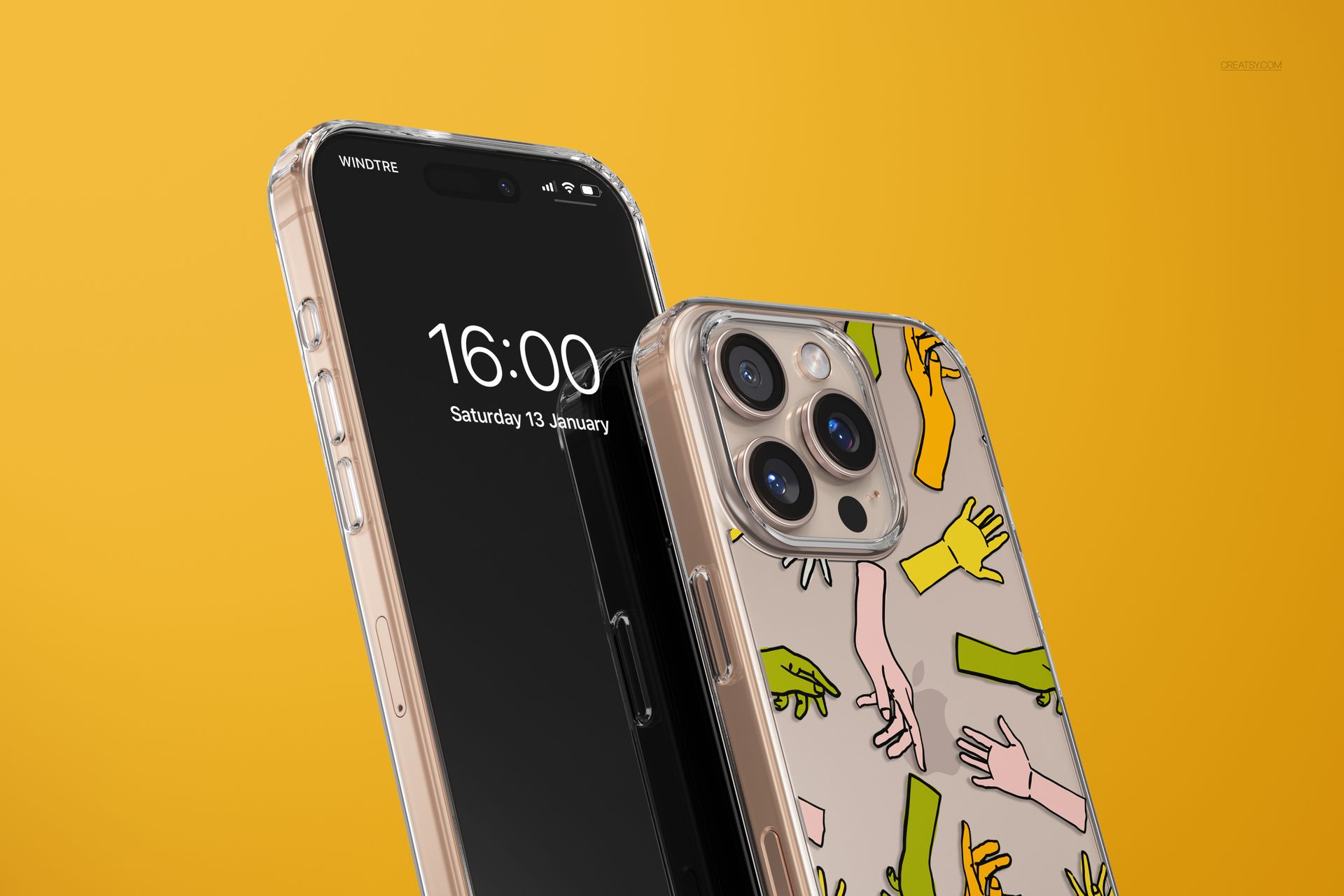 Clear phone case mockup for iPhone 16 Pro Max, featuring colorful hand illustrations on a yellow background.