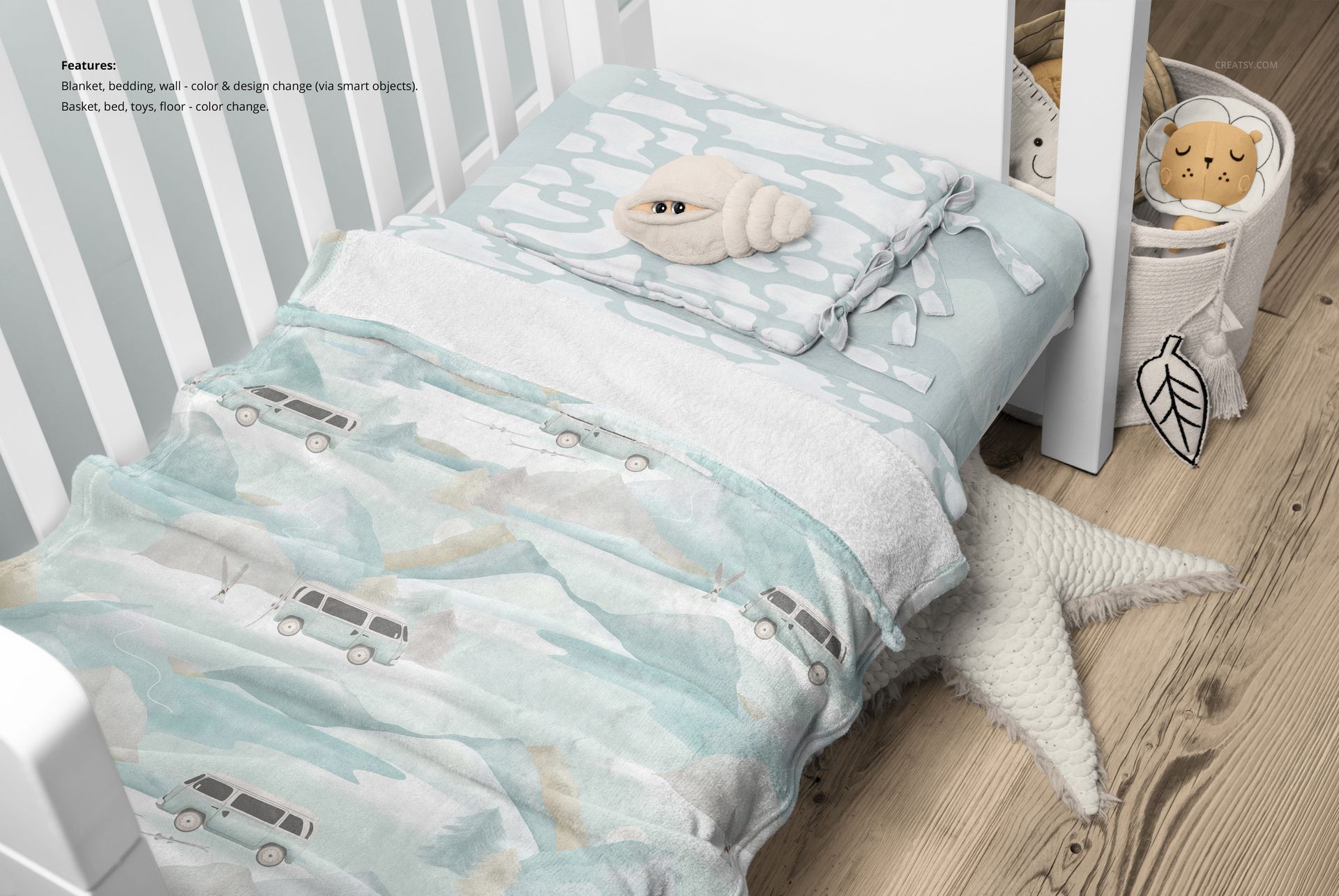 30x40 fleece blanket mockup on a child's bed, featuring soft blue and gray tones with toy props and a crib nearby.