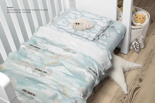 30x40 fleece blanket mockup on a child's bed, featuring soft blue and gray tones with toy props and a crib nearby.