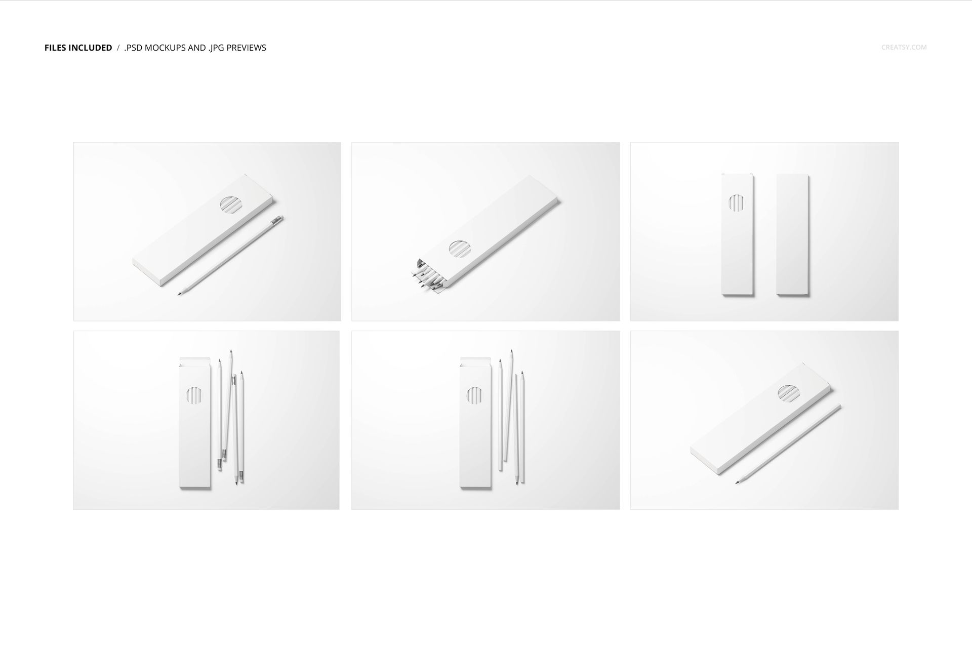 Six views of white pencil box mockups arranged on a light surface, highlighting different perspectives and open lids.