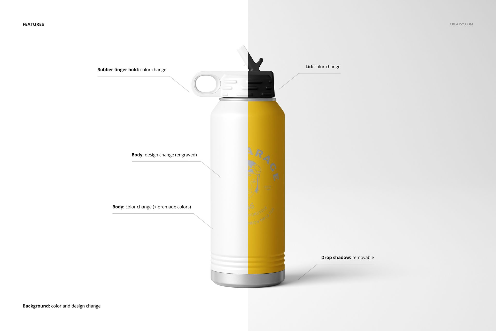 32 oz powder coated water bottle mockup with split design, showing white and yellow colors, front view on white background.