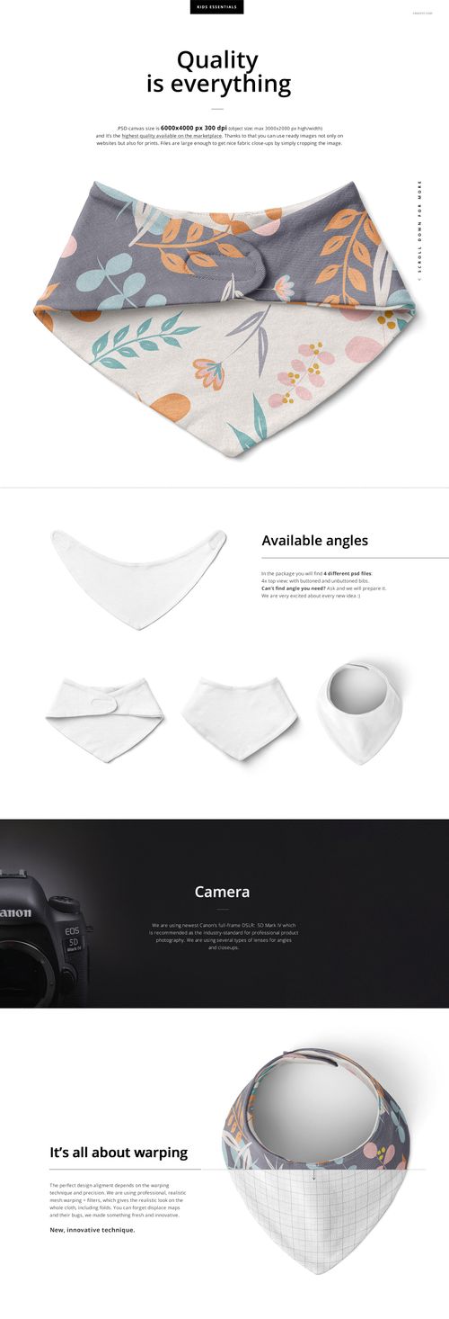 Baby bandana bib mockup set showing a triangular bib with floral patterns and pastel colors, displayed from multiple angles.