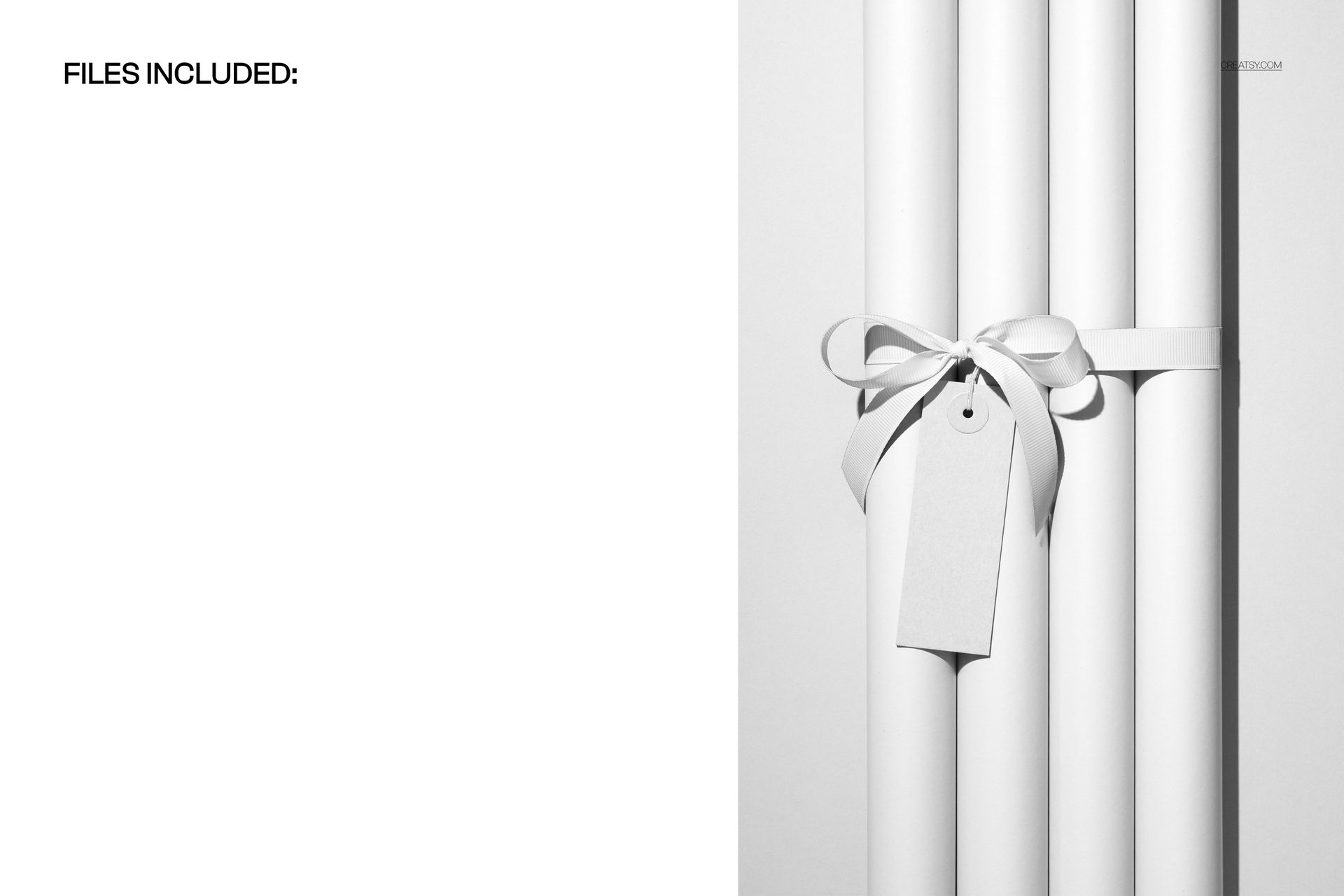 Front view of four white wrapping paper rolls tied with a ribbon and a hanging paper tag in a mockup scene.