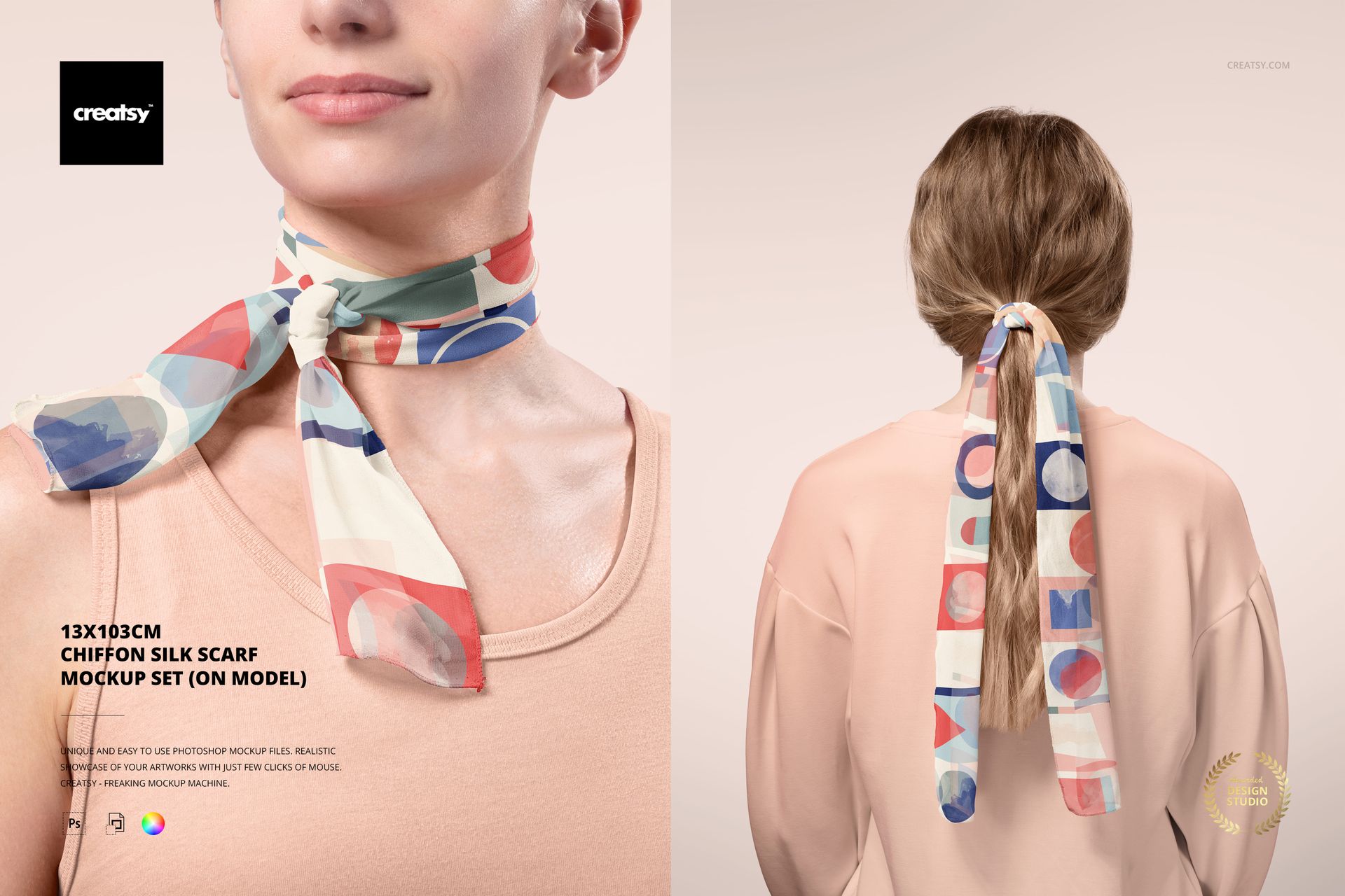 Chiffon silk scarf with geometric pattern in pastel colors, shown on a model from front and back views.