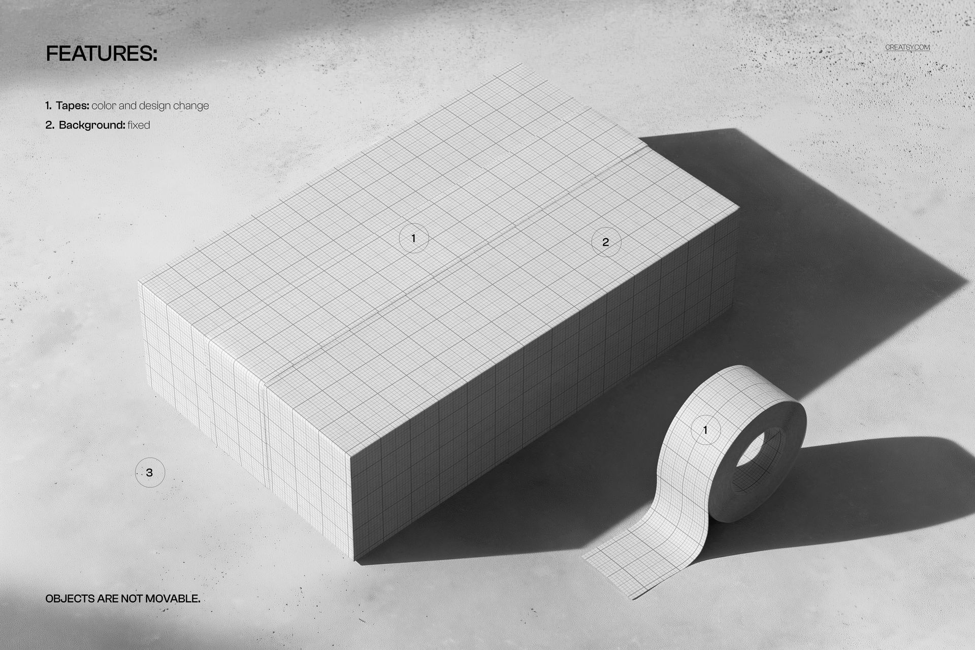 Mockup of a branded shipping box and packaging tape featuring a grid overlay, displayed on a textured gray background.