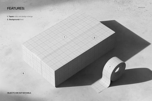 Mockup of a branded shipping box and packaging tape featuring a grid overlay, displayed on a textured gray background.