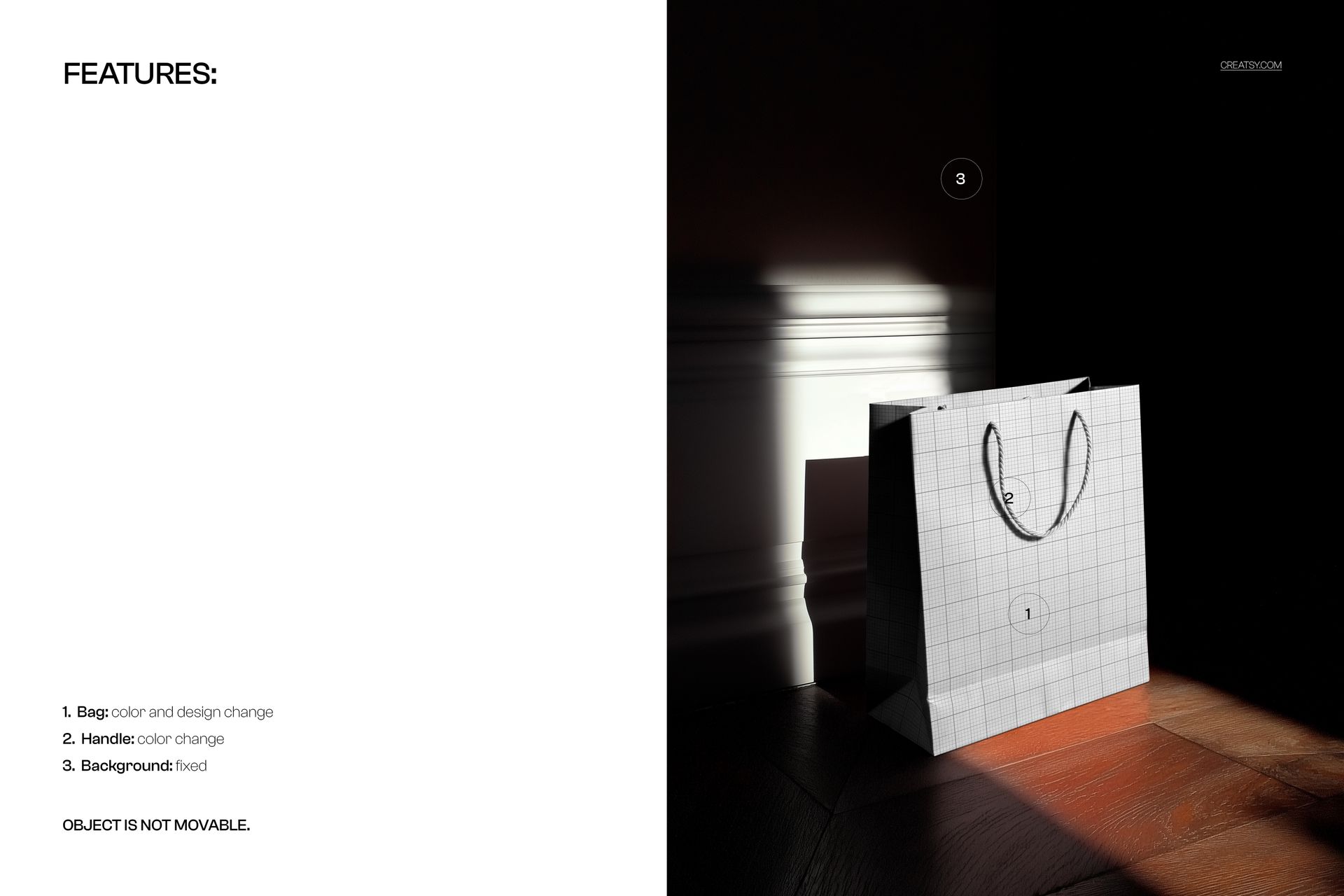 Front view of a paper shopping bag mockup with black handles on wooden parquet, sunlight streaming from the door.