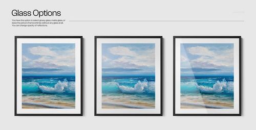 Front view closeup of three solid wooden frame mockups displaying ocean wave artwork with different glass options.