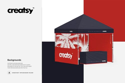 Mockup of a pop-up tent in multiple sizes, shown with dark blue and red panels, white palm tree design, and matching table.